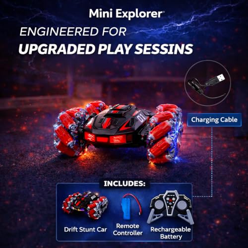 Image of MiniExplorer 4WD Double Sided RC Smoke Stunt Drift Car | 360 Rotating Remote Control Toy with Spray Mist, LED Lights & Rechargeable Battery | High Speed Off Road RC Car for Kids 8-14+ Years | Black