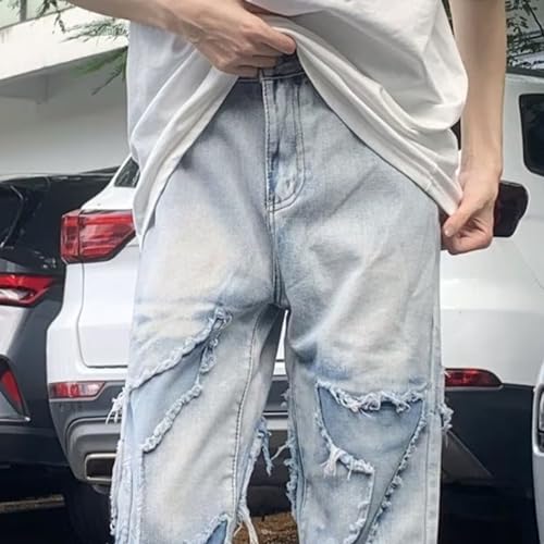 Mens Cracked Straight Denim Slim Fit Ripped Jeans Flare Destroyed Straight Baggy Hip Hop Y2k Trouser Streetwear2