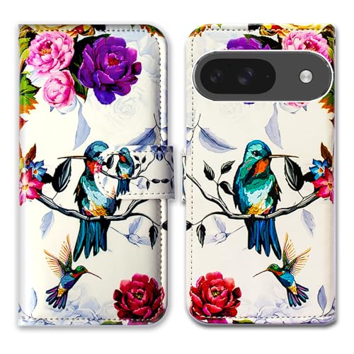 Étui en cuir Pixel 9 Bcov aux finitions soignées motif colibri