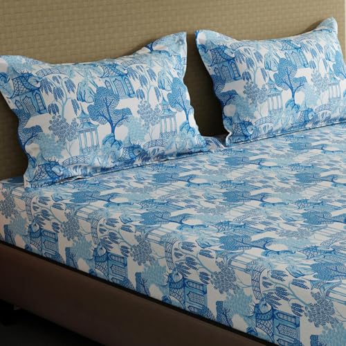 Image of Layers 100% Cotton Fitted Sheet for King Size Bed | Lumina Floret Collection | 144 TC Soft & Breathable | Printed with 2 Pillow Covers | Wrinkle Free & Colorfast | 3 Pc Bedding Set - Blue
