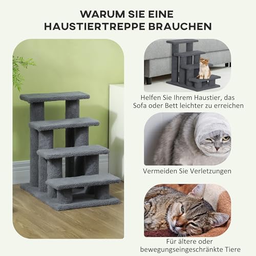 PawHut Katzentreppe 4 Stufen Tiertreppe Treppe für Katze Haustiertreppe Hundetreppe aus Plüsch 61 x 41 x 60 cm Grau