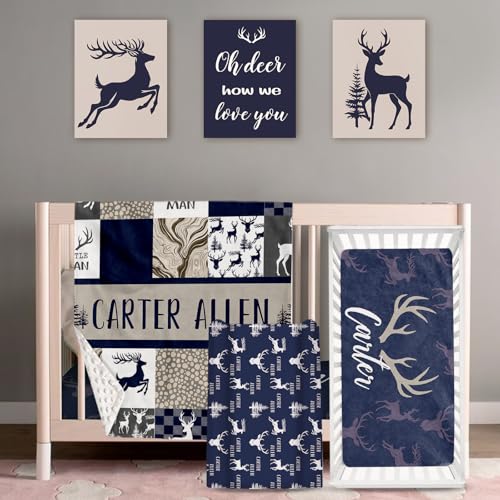 Personalized Baby Crib Bedding Set: 4 Piece Custom Gift Crib Bed Set with Name - Navy Deer Design, Nursery Bedding Set for Baby Girls,Newborn Boys Girls Crib Sets, Crib Bedding Shower Gifts
