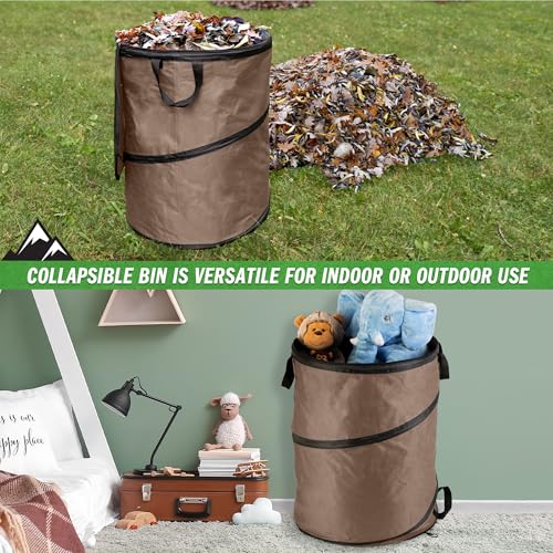 Image of Wakeman Outdoor Trash Can - 46-Gallon Collapsible Garbage Can with 3 Stakes - Pop Up Trash Can for Camping, Storage, or Yard Waste Outdoors (Beige)