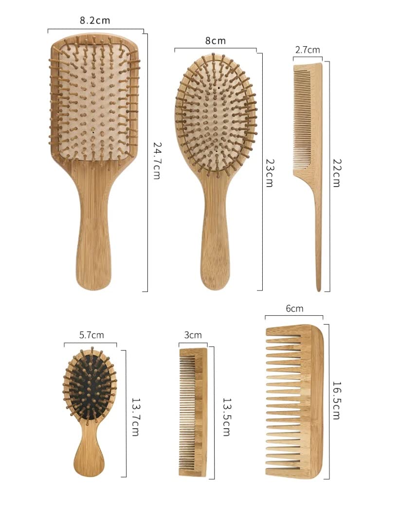 Set Of SIX Eco Friendly Beech Wood Professional Hair Care Set Stocking Filler 3 Air Cushioned Brushes 3 Wooden Combs Anti-Static - Image 2