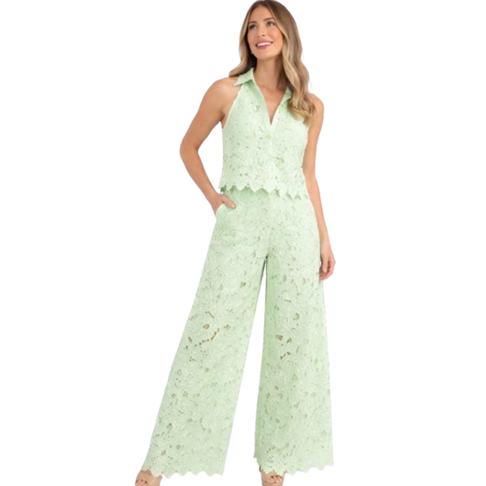Qingxingfa Women's Light Green Lace Two Piece Outfits For Sleeveless Button Down Top And Wide Leg Pants Set, Floral Hollow Out Matching Set (,M)