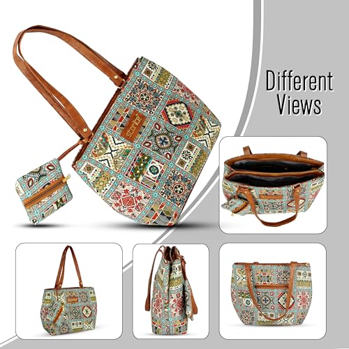 Image of Storite Women's Tote Bag with Leather Handles & Embroidery Printed Handbag with Zip Pockets, Shoulder Tote Bag and Handbag for Office and College