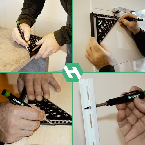 Hulkies 3-in-1 Tieflochmarker – 10-teiliges Profi-Set: Zimmermannsbleistift, Tieflochstift & Köcher – Markierstift für Handwerker inkl. 6 Ersatzminen & integriertem Spitzer