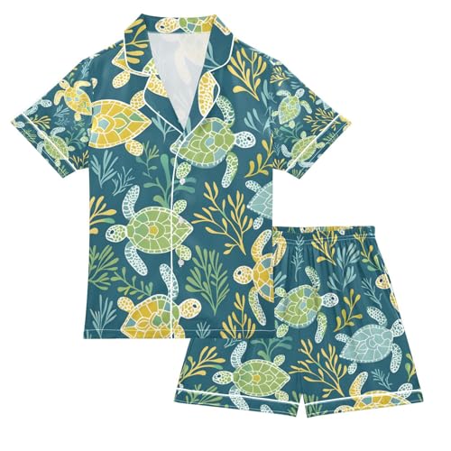 senya Sea Turtle in Aqua Satin Summer Pajama Sets Silk Short Sleeve Button Down Sleepwear