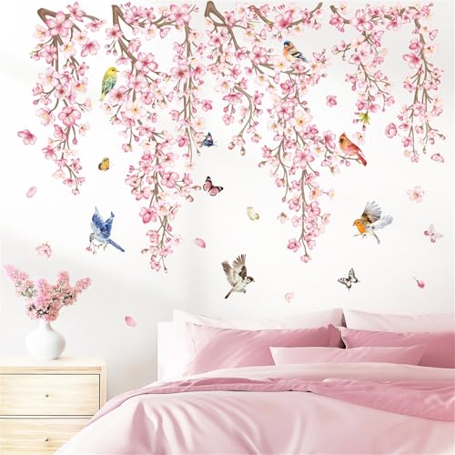 wondever Stickers Muraux Fleurs de Cerisier Rose Autocollant Muraux Mural Stickers Floral Branche...