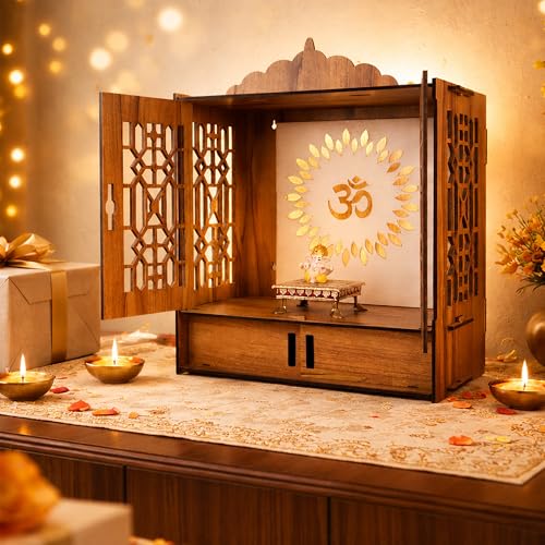 Image of Rousrie Backlit LED Temple Mandir for Home with Door, Wooden MDF, Storage Space, Wall Mounts, Big Size, 53.3x41.9x25.4 cm