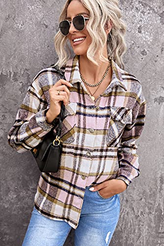 Yocur Womens Flannel Fall Plaid Jackets Button Down Shirt Fall Tops Long Cardigans Casual Outwear Teen Girls Jacket Pink Xxl1 #TOP1
