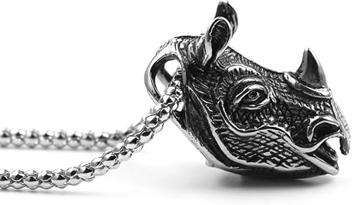 Miniatura 3 de Xusamss Collar con colgante de cabeza de rinoceronte animal de acero titanio punk rock, cadena de eslabones de 24 pulgadas
