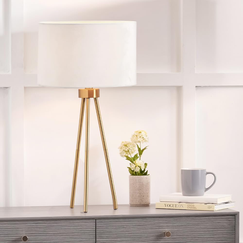Ruma Unisex Gold Minimalist Metal Tripod Table Lamp With Cylinder Black Shade In