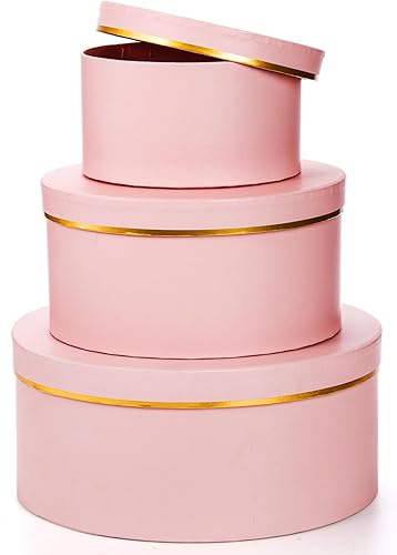 Miniatura 3 de Coloch 3 cajas de regalo redondas con tapa, caja de flores rosas con borde dorado, cajas de recuerdo de fiesta anidadas para arreglos florales,