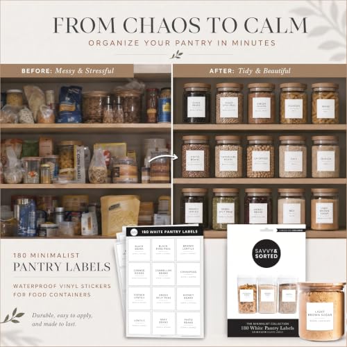 Image of SAVVY & SORTED Minimalist Pantry Labels, 180 Waterproof Vinyl Stickers for Food Containers - Kitchen Labels for Organizing Storage Bins, Jars, Kitchen