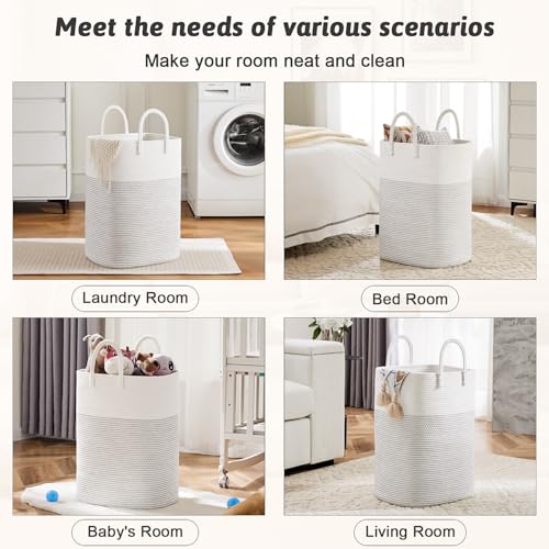 Image of Laundry Basket,Woven Cotton Rope Laundry Hamper,Versatile Storage for Dirty Clothes,Baby Toys,and Blankets in Bathroom, Nursery,and Living Room (White, 60L)