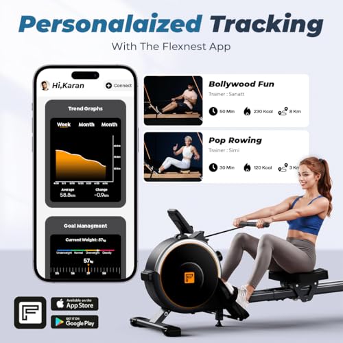 Image of Flexnest Flexrower Smart Bluetooth-Enabled Rower Rowing Machine, for Home Gym Workout with Classes from Trainers on Flexnest App - Black (Flexrower Lite)