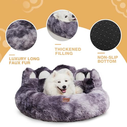 PETART Hundebett Bärenpfoten – Gemütliches Rundes Katzenbett für kleine bis mittelgroße Hunde und Katzen, Weiches Flauschiges Kunstfell-Hundebett (Tie-Dye dunkelgrau, L-80cm)