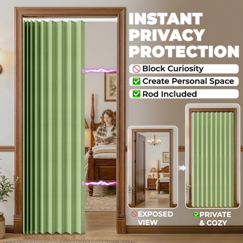 Image of AJAZZ Blackout Accordion Doors with Curtain Rods Adjustable 28-63 inch Long Magnetic Door Curtain for Bedroom Living Room Doorway Curtain Sets (1 Pack, 72 W x 78 L, Green)