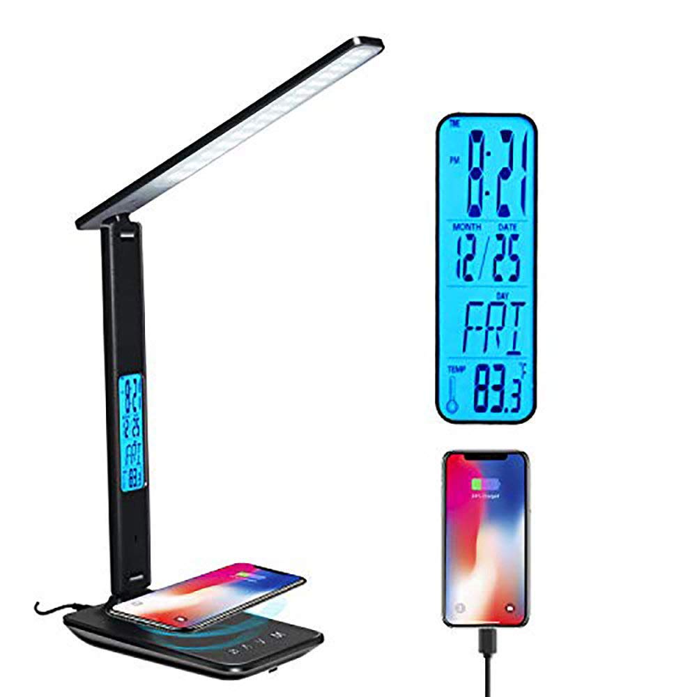 Dig-Lo10W Qi Wireless Charging Desk Lamp, with Calendar Temperature Alarm Clock Eye Protection Reading Desk Lamp, with Touch Console Light, Suitable for Home, Be'droom, 5 Brightne