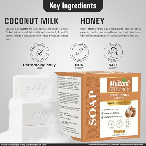 Image of Multani Natural Coconut Milk & Honey Soap - 125 gm (Pack Of 3) | Helps In Reducing Acne | For Deep Hydration & Glow | Helps Rejuvenate Dull & Tired Skin | Paraben Free | Clinically Tested | For All Skin Types | Soap Bar For Men & Women