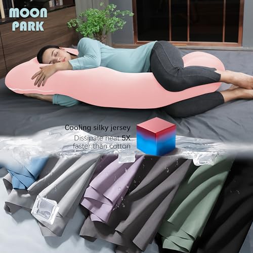 Image of MOON PARK Pregnancy Pillows for Sleeping - U Shaped Full Body Maternity Pillow with Removable Cover - Support for Back, Legs, Belly, Hips - 57 Inch - Pink - Cooling Cover