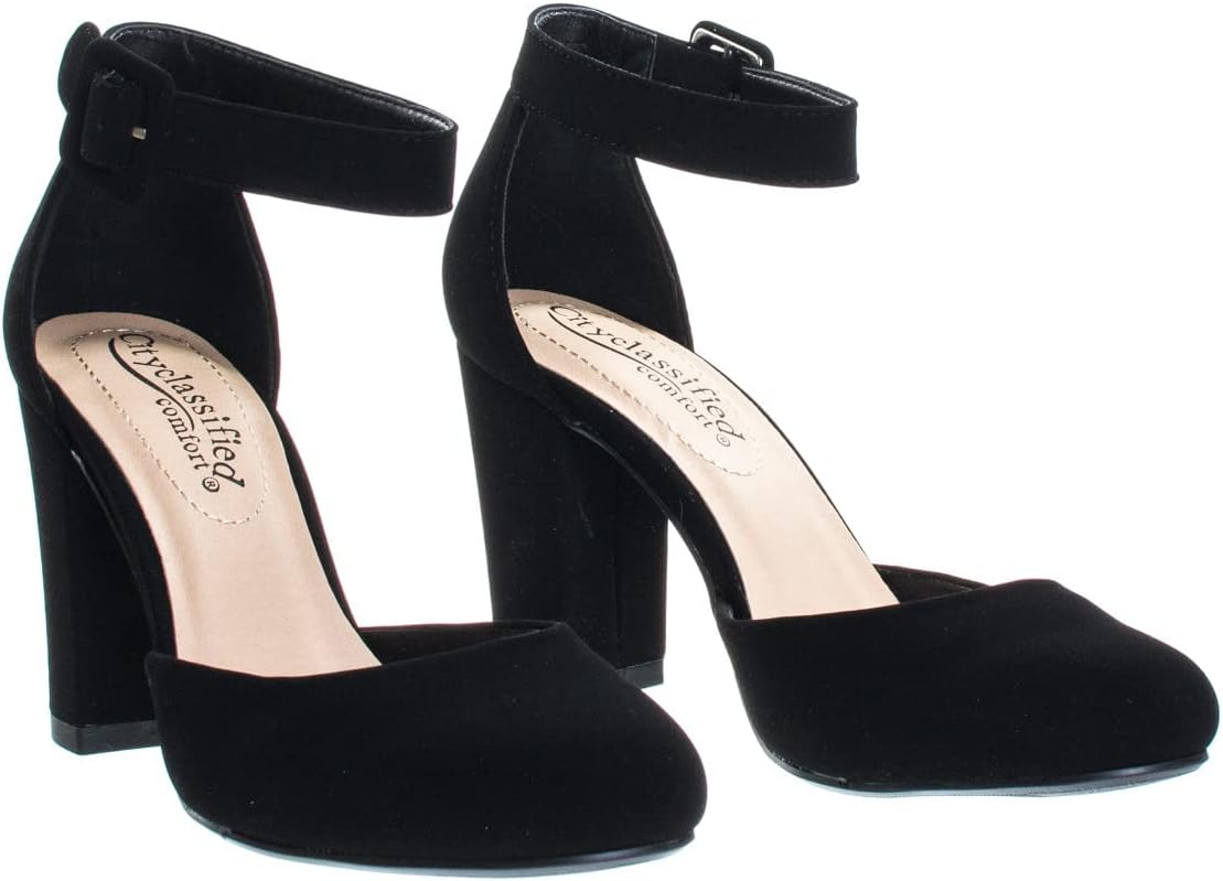 CITYCLASSIFIED “Kelly” ~ Women Comfort Foam Closed Toe Closed Back Counter High Block Heel Pump with Adjustable Ankle Strap