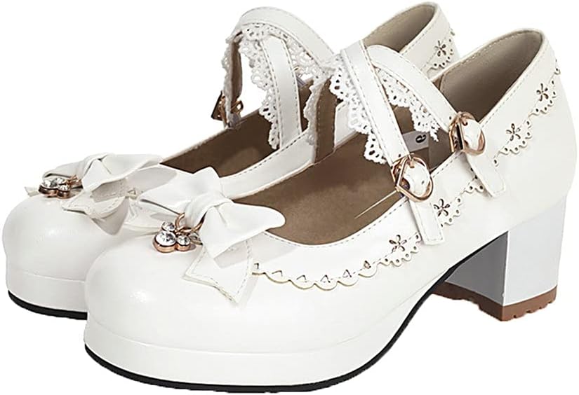 Shinelly Women Sweet Lolita Cosplay Shoes Mid Block Heeled Mary Janes with Bow