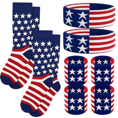 Image of 10 Pieces Striped Sweatbands and Striped Socks Set Headbands Wrist Sweat Bands for Men and Women Sports 80s 90s Fitness