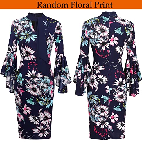 Vfshow Womens Navy Blue Multi Floral Print Bell Sleeve Cocktail Bow Tie Neck Party Semi-Formal Bodycon Pencil Sheath Dress 8592 Blu 3Xl #TOP3