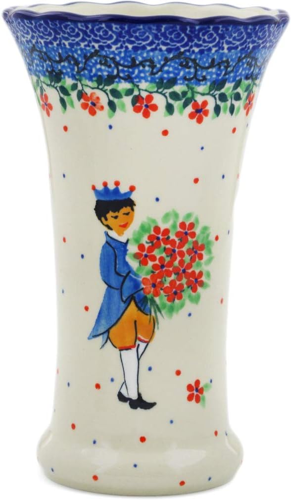 Polmedia Polish Pottery Vase UNIKAT - Charming Prince Pattern Handmade in Boleslawiec Poland by Ceramika Artystyczna + Certificate of Authenticity