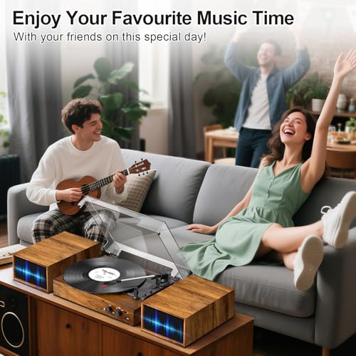 Vinyl Record Player with External Stereo Speakers, Vintage Bluetooth 3-Speed Turntable with Dual Stackable Speakers, PC Recording Vinyl to Digital, RCA-Out& AUX-in, Retro Wood by DANFI AUDIO DF - Image 3