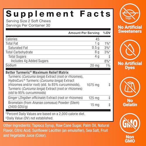 Image of Force Factor Better Turmeric Maximum Joint Support | 1075mg Curcumin with Ginger, Supports Mobility, Flexibility & Comfort, Fruit Punch, 180 Soft Chews, 3-Pack
