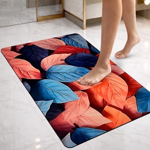 Image of SITTELLA Rubber 1 Piece Anti-Skid Water Soaking 3D Pink Leaf Print Bathroom Mat, Water Absorbent Mat (40x60cm) (Pink Leaf Print) Rectangular