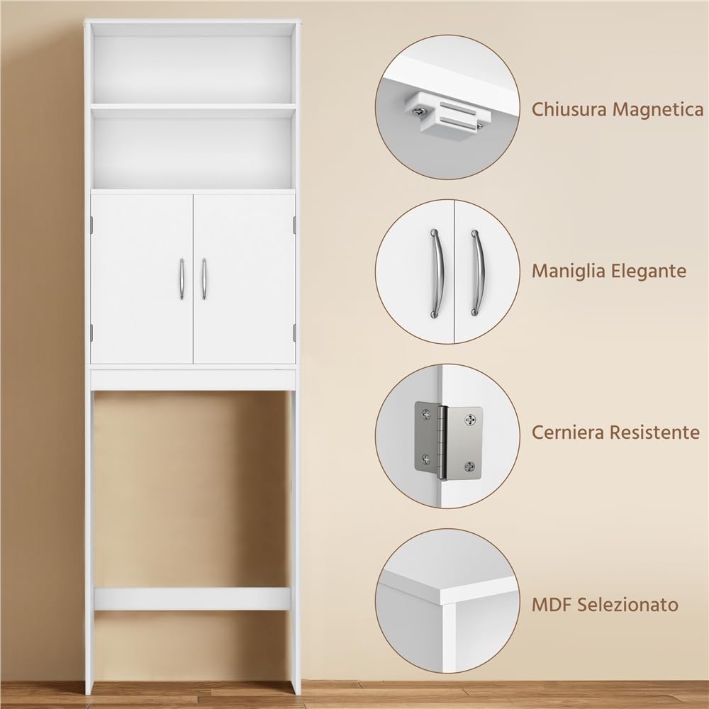Yaheetech Mobile per Lavatrice Mobiletto da Bagno a Terra Scaffale Sopra Toilette con Ripiano e Ante Mensola Portaoggetti Salvaspazio