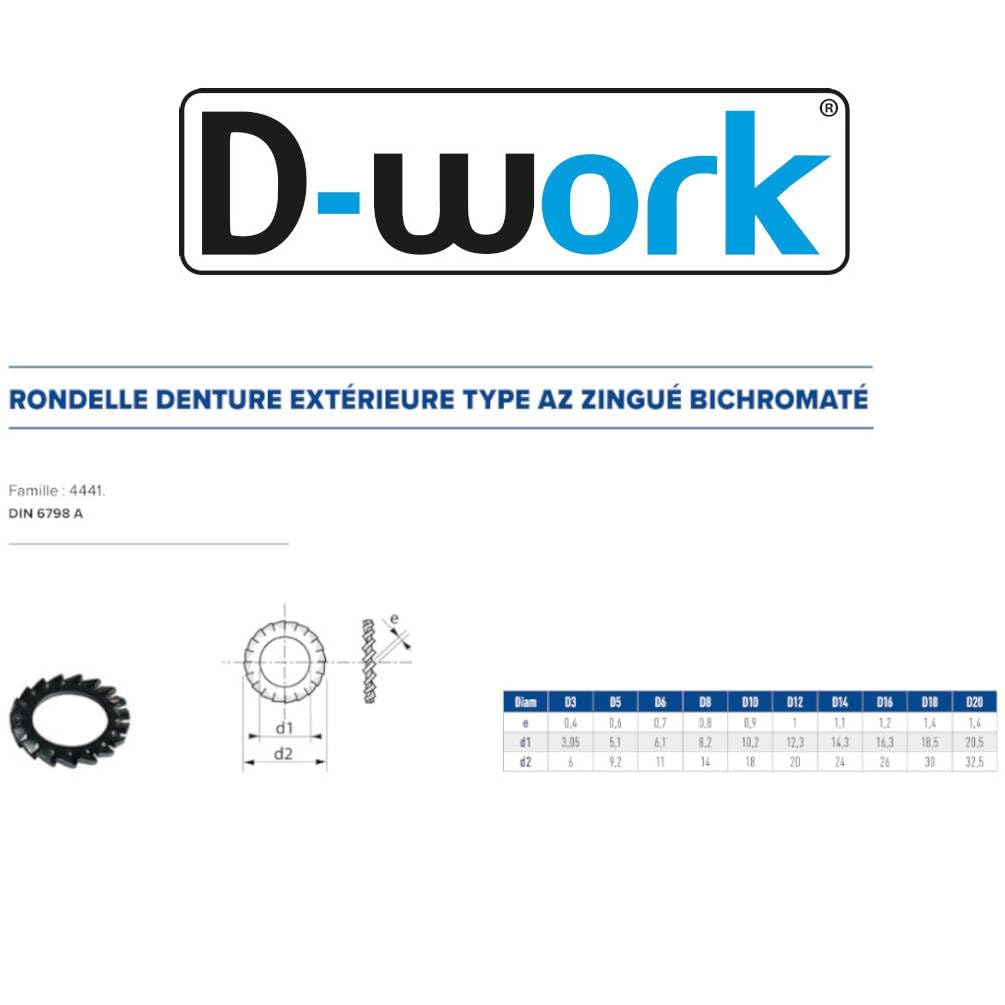 D-Work 500 Arandelas dentadas exteriores M12 mm - DIN 6798 A - Zinc Bichro