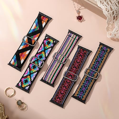 Image of Easuny 5 Pack Stretchy Bands Compatible with Apple Watch 40mm 41mm 42mm 38mm 44mm 45mm 46mm Women, Elastic Fabric Nylon Strap Wristband for iWatch SE 3 2 1 Series 11 10 9 8 7 6 5 4 3 Boho Solo Loop