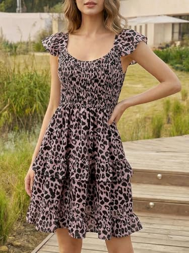 Image of Women Summer Dresses Casual Boho Smocked Ruffle Sun Beach Babydoll Mini Dress Layered Flowy Swing Dress