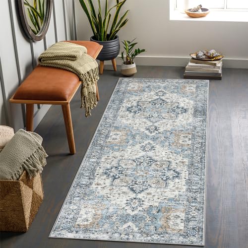 GENIMO Runner Rug 2x5, Machine Washable Non Slip Vintage Runner Rug, Low Pile Lighrweight Rugs for Entryway, Hallway, Kitchen and Corridor, Blue