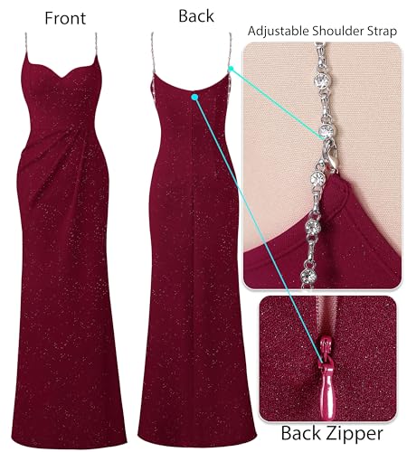 Image of VFSHOW Womens Sexy Formal Ruched Fitted High Slit Bodycon Maxi Dress Spaghetti Strap Sweetheart Cocktail Prom Evening Gown