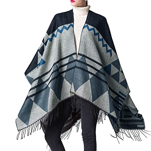 Mingzhe Poncho Xale Feminino de Tricô Faux Cashmere Padrão Geométrico Borla Capa Longa Boêmia Longa