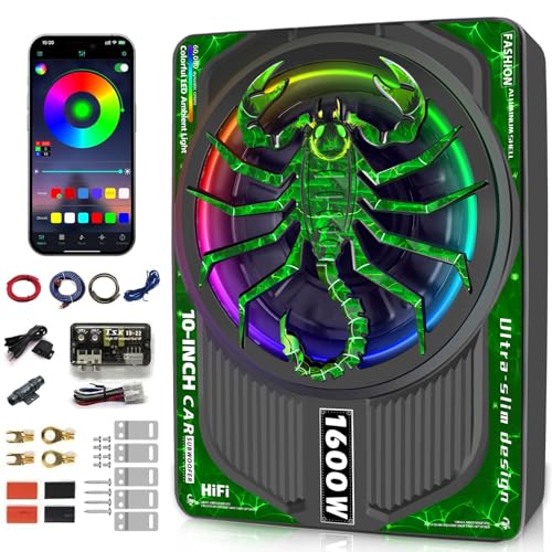 SUBPULSIX 1600W Slim Underseat Subwoofer with Built-in Amplifier, RGB Beat-Synced Light, Adjustable Low Pass/Gain/Bass Boost, Deep Bass All-in-One Subwoofer and Amp Package for Car/Truck/SUV/Jeep