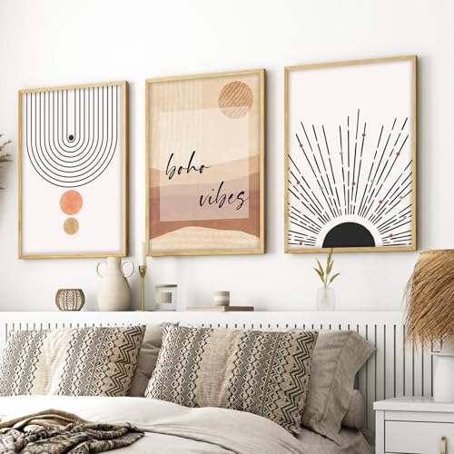 Image of ARTELLY Modern Boho Abstract Line Art Wall Decor, Set of 3 Framed Prints, Beige and White, 13x19 Inches, Geometric Design for Living Room, Bedroom Office Decoration Poster Wall Art Decor (BOHO 2)