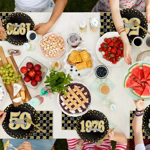 Image of 200Pcs 50th Birthday Party Decorations Vintage 1976 Paper Plates and Napkins Black Gold 50 Year Old Disposable Tableware Set for Men Women 50th Birthday Anniversary Party Favors Supplies Serves 50