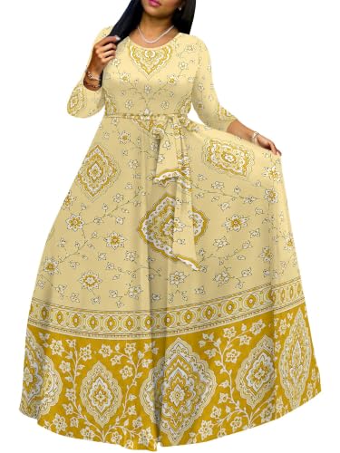 Image of Women Plus Size Long Sleeve V Neck Maxi Dress with Belt | Soft fabric relaxed fit three quarter sleeve v neck with pockets for party and daily wear