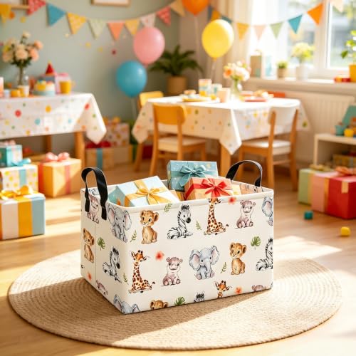 Image of Rectangular Safari Animal Laundry Storage Bin for Adults and Kids | Damp resistant canvas fabric, sturdy stitched carry handles, foldable design organizes closet and playroom daily supplies