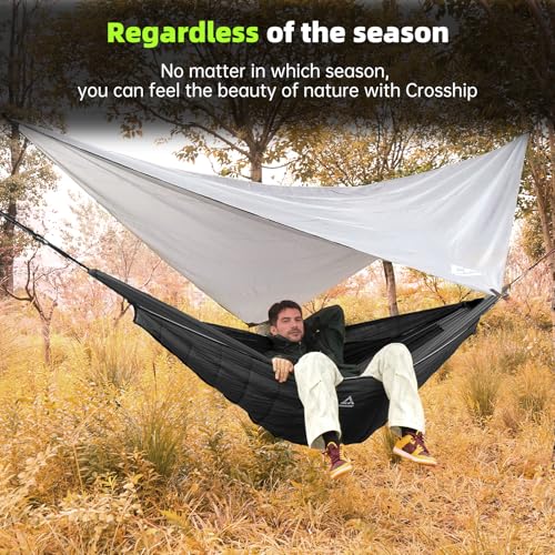 Image of Camping Hammock with Mosquito Net and Rain Fly Tarp - 2 Person Hammock Tent, Portable Parachute Nylon Hammock for Outdoor, Hiking, Backpacking, Backyard, Travel (Hold Up to 500lbs) - Black