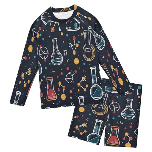 Chemistry Experiment Print Boys Swimsuit Rash Guard Toddler Kids Long Sleeve Swim Shirt and Trunks Swimwear Set 3-10Y