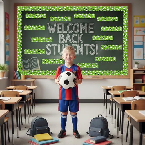 Image of BeYumi Soccer Sport Border Trim - 65ft Back to School Soccer Sport on Green Scalloped Rolled Border Trim Football Sports Ball Theme Bulletin Board Set Party School Classroom Chalkboard Wall Decoration