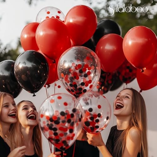Image of Metallic Red and Black Balloons 12Inch 73PCS Black Red Confetti Latex Balloons Shiny Helium Balloon Set for Birthday Anniversary Graduation Party Decorations